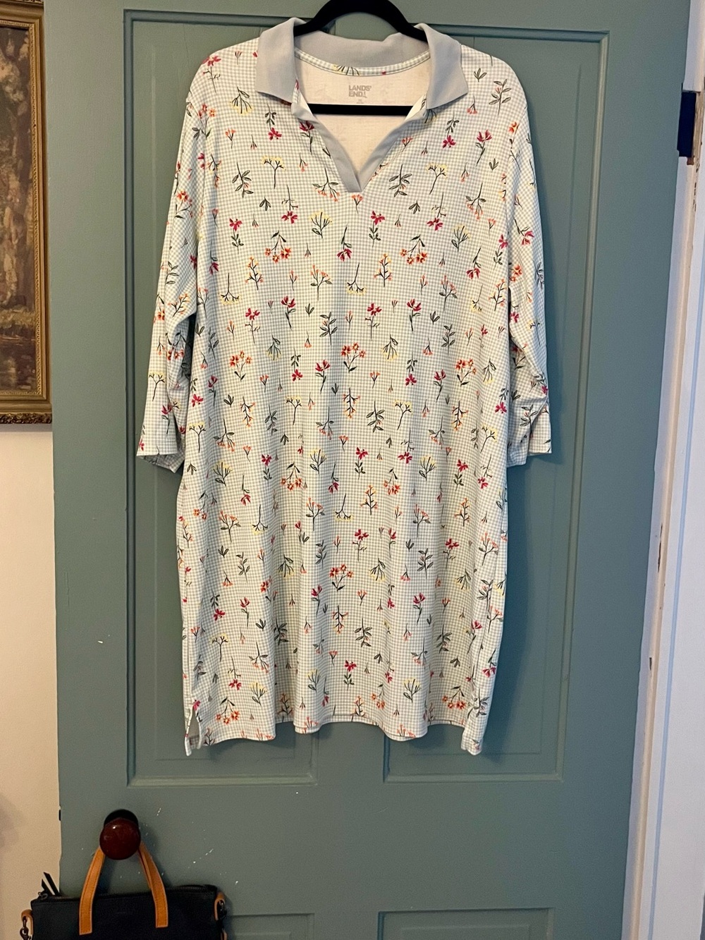 Lands' End Light Blue Floral Polo Neck Dress, 100% Cotton